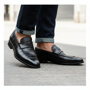 model-walking-street - Men's Black Leather Moccasins