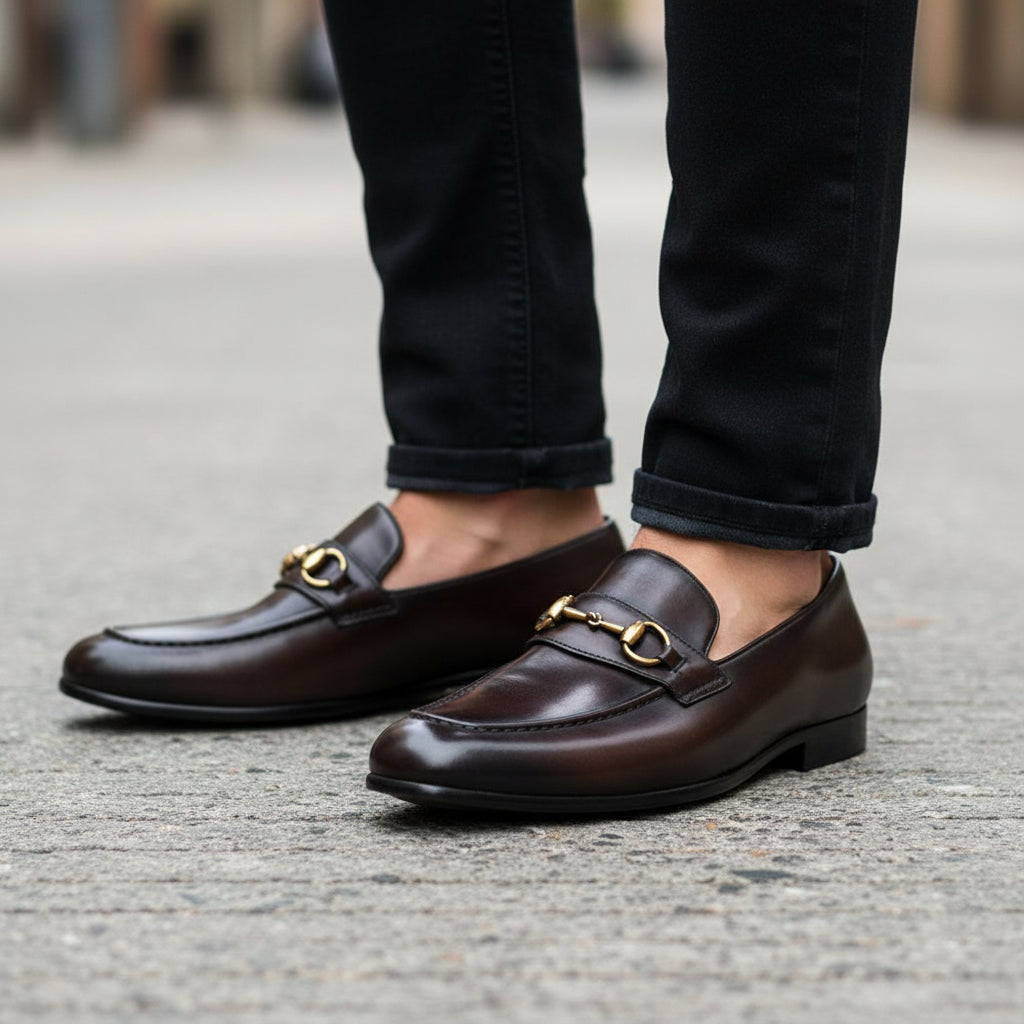 model-walking-street - Men's Black Leather Modern Loafers