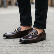 model-walking-street - Men's Black Leather Modern Loafers