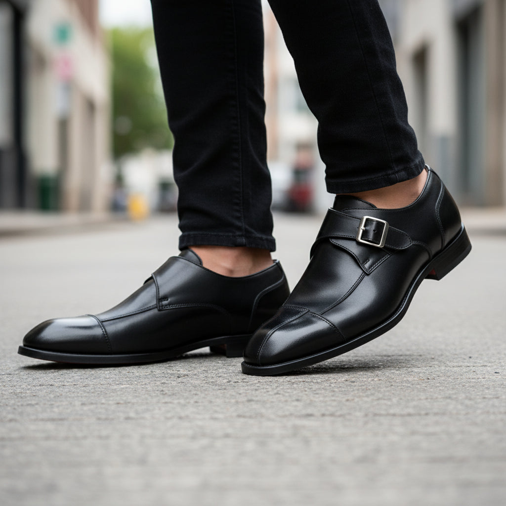model-walking-street - Men's Black Leather Monk Dress Shoes