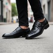 model-walking-street - Men's Black Leather Monk Dress Shoes