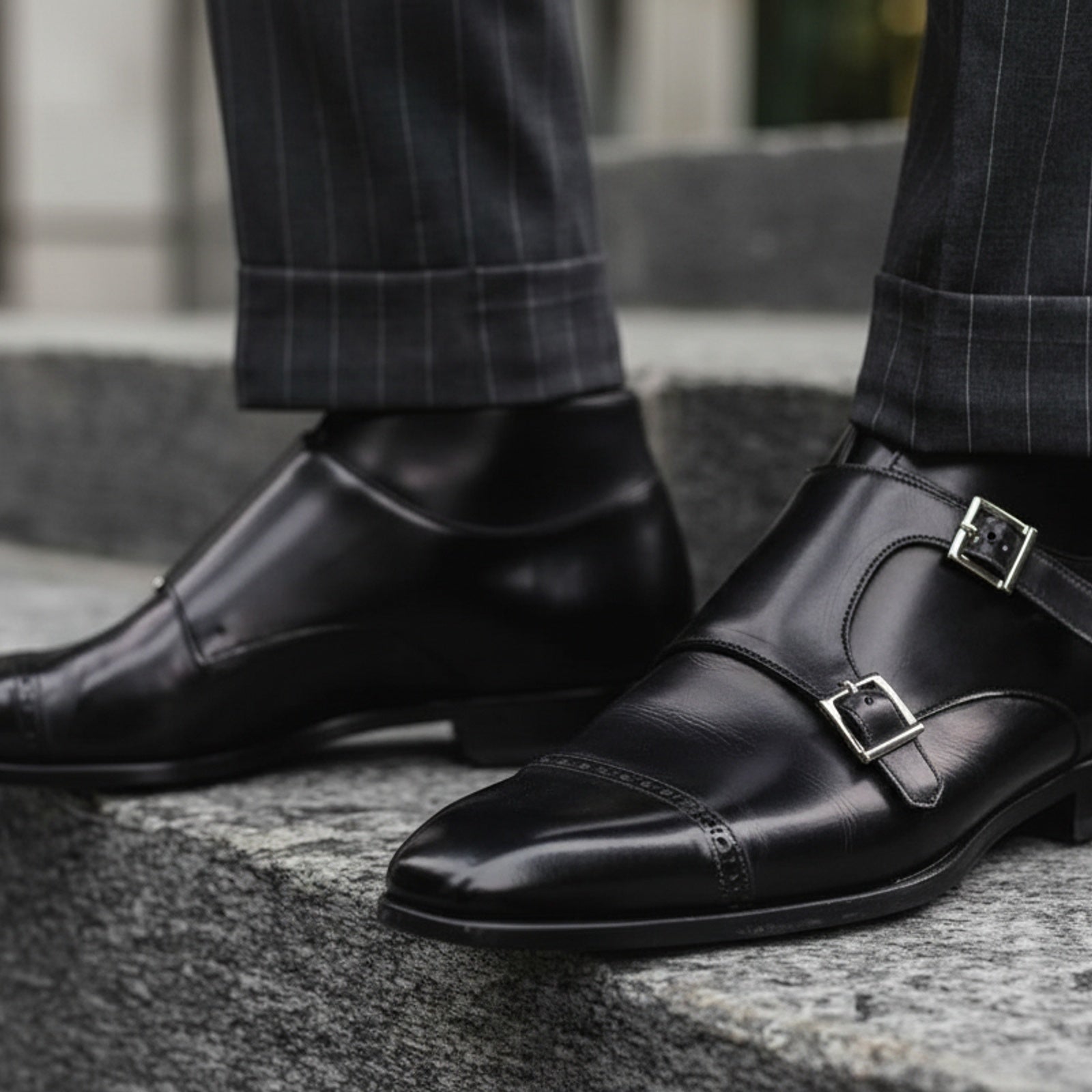 model-walking-street - Men's Black Leather Monk Strap Shoes