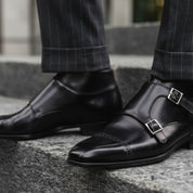 model-walking-street - Men's Black Leather Monk Strap Shoes