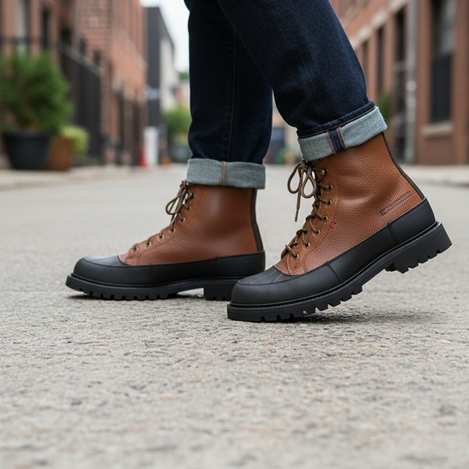 model-walking-street - Men's Black Leather Moto Boots