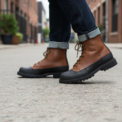 model-walking-street - Men's Black Leather Moto Boots