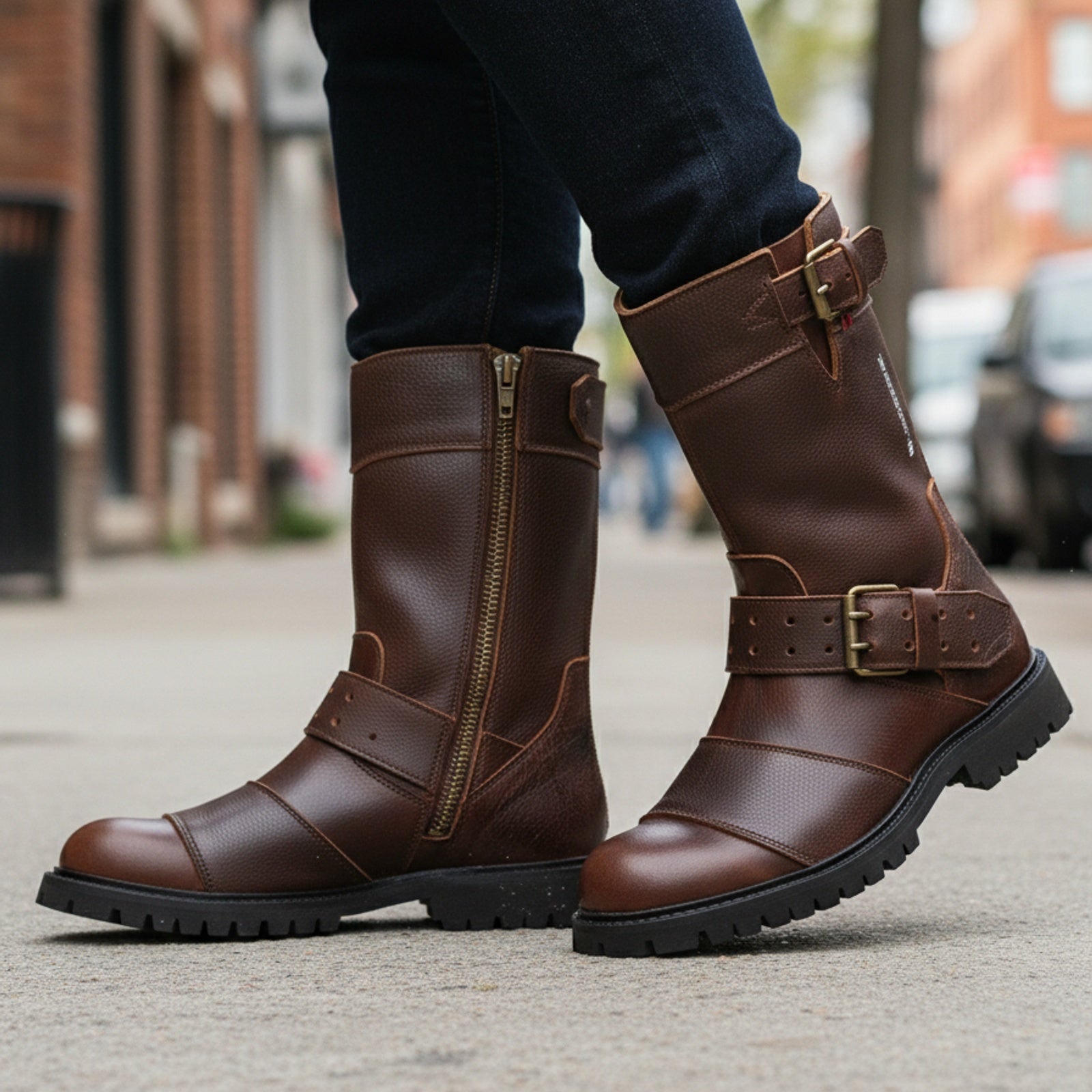 model-walking-street - Men's Black Leather Motorcycle Boots