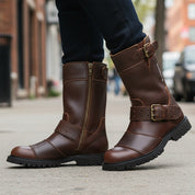 model-walking-street - Men's Black Leather Motorcycle Boots