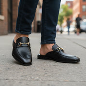 Men's Black Leather Mule Slippers with Flat Horsebit - model-walking-street