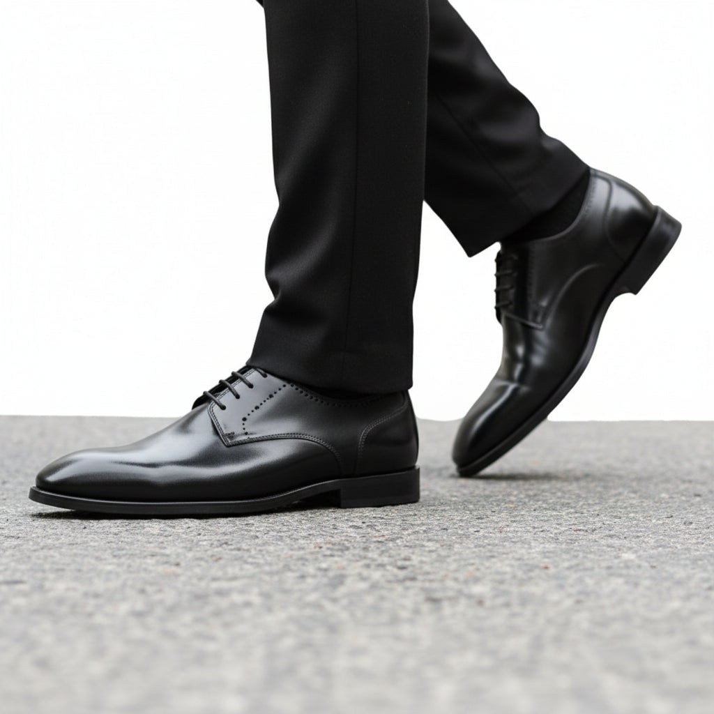 model-walking-street - Men's Black Leather Oxford Dress Shoes with Lace-Up Closure