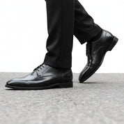 model-walking-street - Men's Black Leather Oxford Dress Shoes with Lace-Up Closure