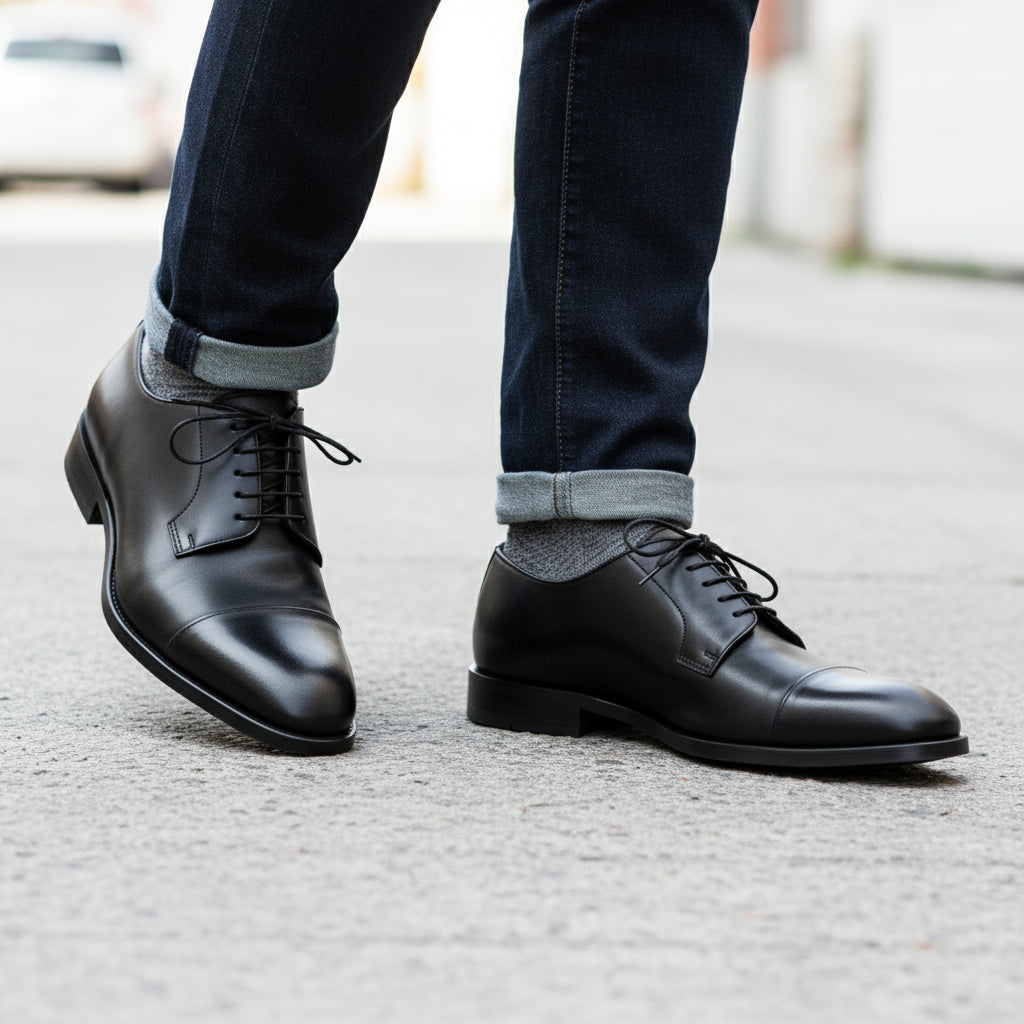 model-walking-street - Men's Black Leather Oxford Dress Shoes