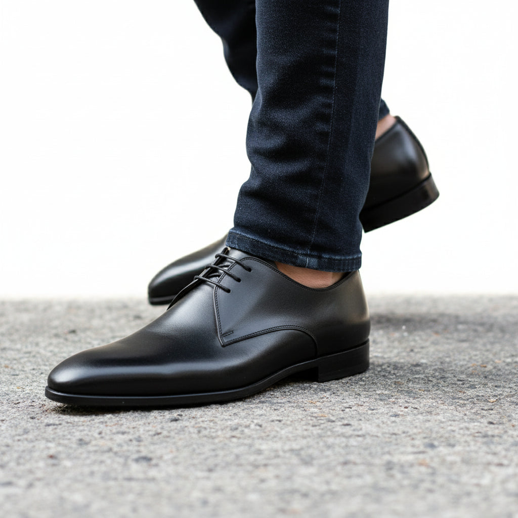 model-walking-street - Men's Black Leather Oxford Dress Shoes