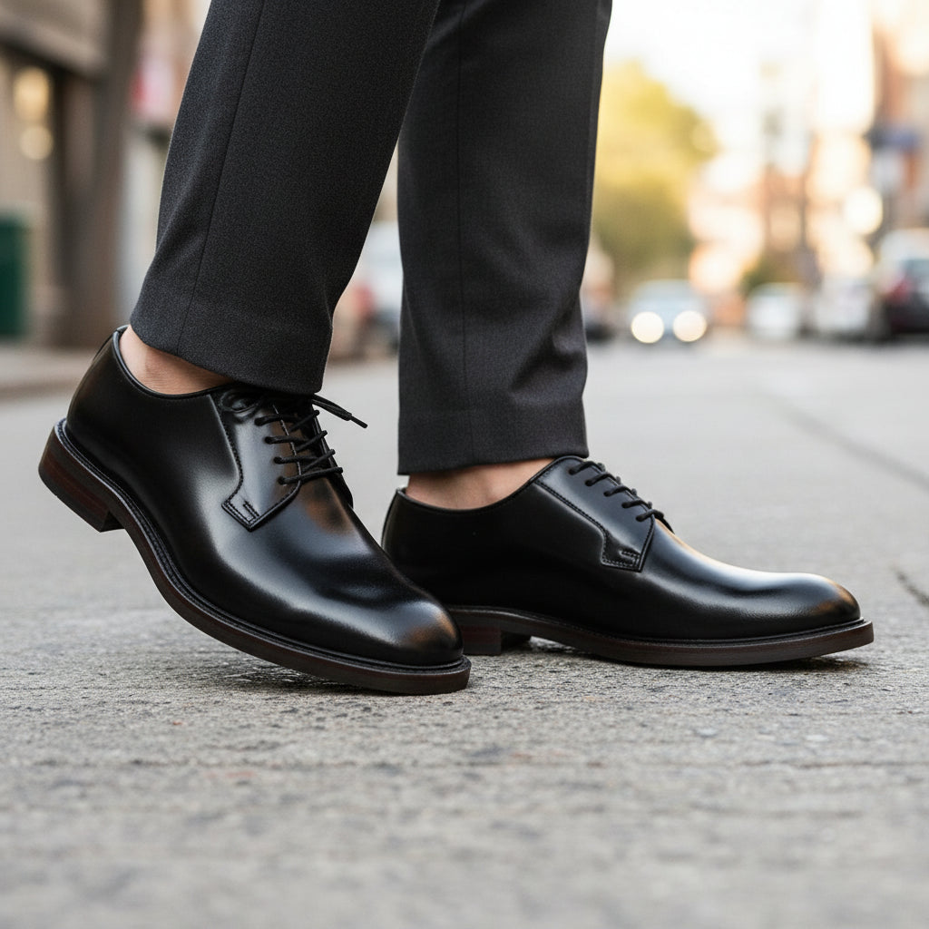 model-walking-street - Men's Black Leather Oxford Shoes