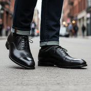 model-walking-street - Men's Black Leather Oxford Wingtip Dress Shoes