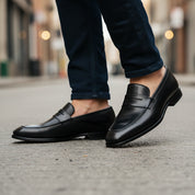 model-walking-street - Men's Black Leather Slip-On Dress Shoes