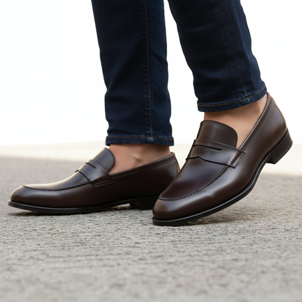 model-walking-street - Men's Black Leather Slip-On Loafers