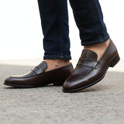 model-walking-street - Men's Black Leather Slip-On Loafers