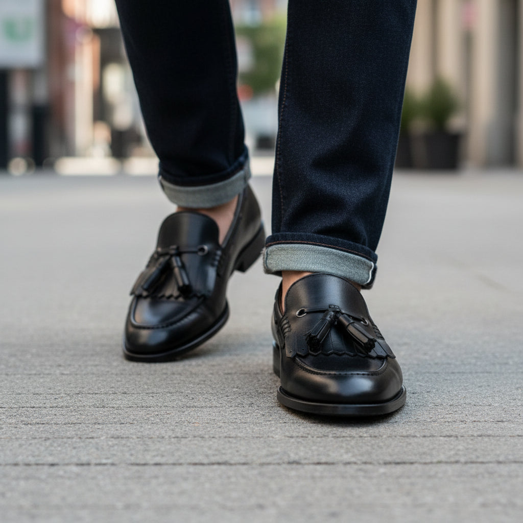 model-walking-street - Men's Black Leather Tassel Fringe Moccasins