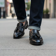 model-walking-street - Men's Black Leather Tassel Fringe Moccasins