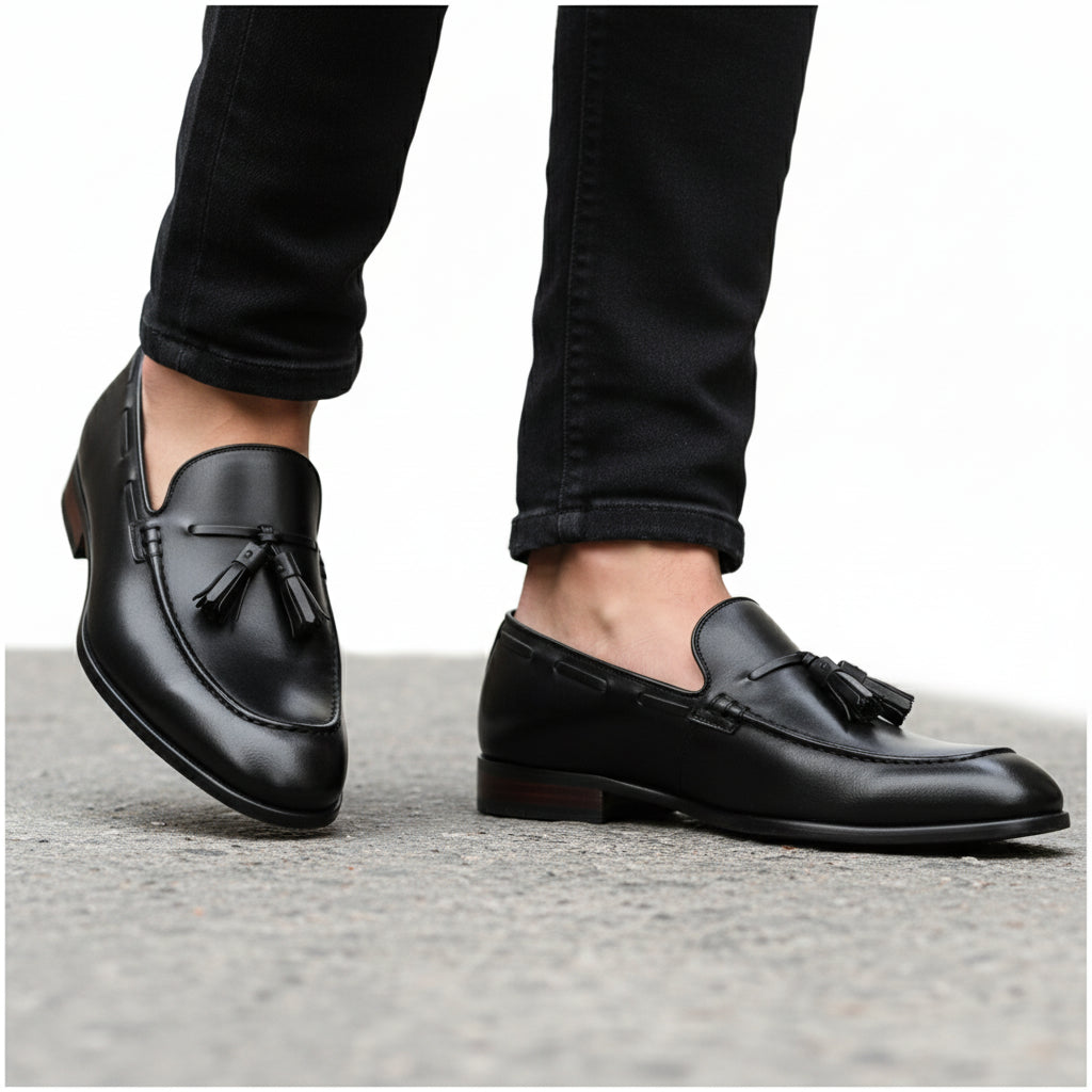 model-walking-street - Men's Black Leather Tassel Loafers