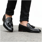 model-walking-street - Men's Black Leather Tassel Loafers