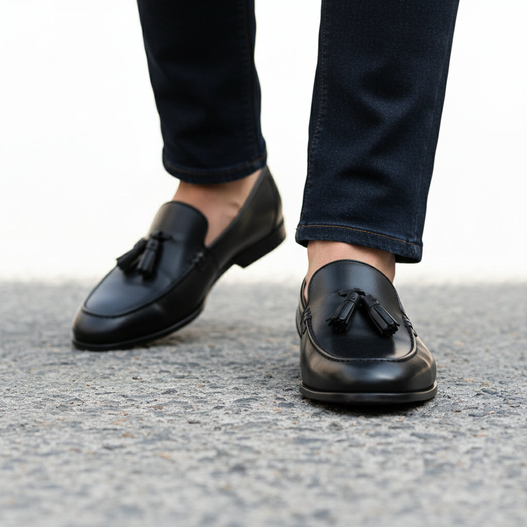 model-walking-street - Men's Black Leather Tassel Moccasins
