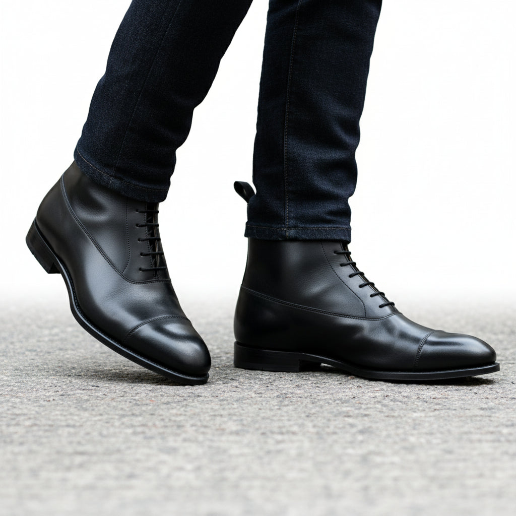 model-walking-street - Men's Black Leather Tuxedo Boots