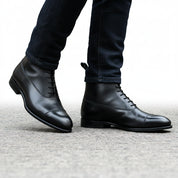 model-walking-street - Men's Black Leather Tuxedo Boots