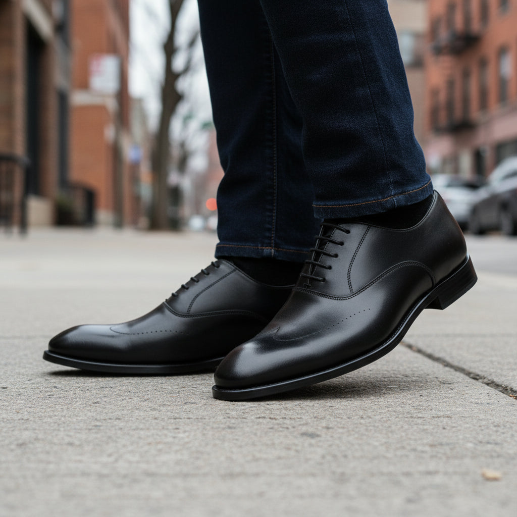model-walking-street - Men's Black Leather Tuxedo Dress Shoes