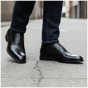 model-walking-street - Men's Black Leather Tuxedo Oxford Dress Shoes