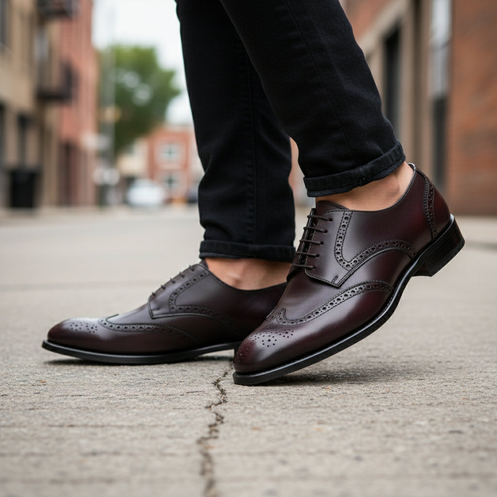 model-walking-street - Men's Black Leather Wingtip Brogue Dress Shoes