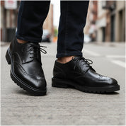 model-walking-street - Men's Black Leather Wingtip Brogue Shoes