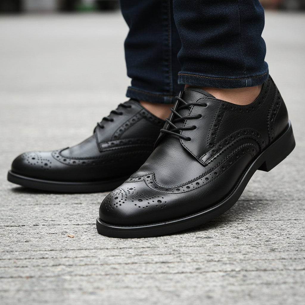 model-walking-street - Men's Black Leather Wingtip Brogues