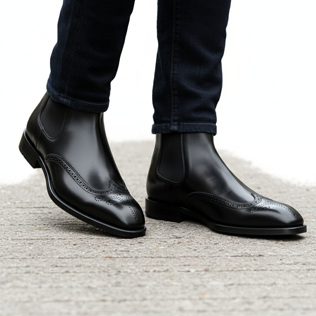 model-walking-street - Men's Black Leather Wingtip Chelsea Boots
