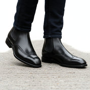 model-walking-street - Men's Black Leather Wingtip Chelsea Boots
