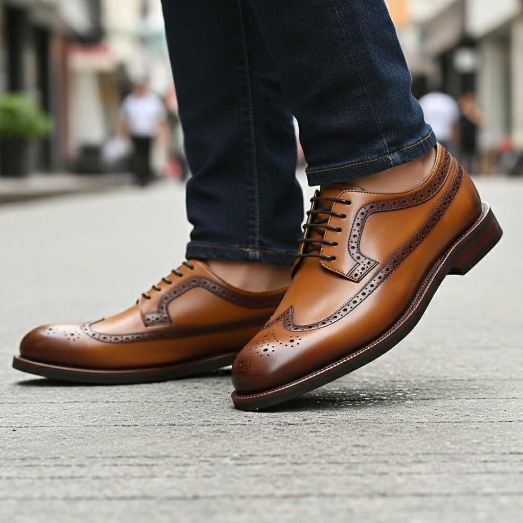 model-walking-street - Men's Black Leather Wingtip Oxford Shoes
