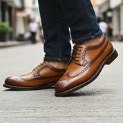 model-walking-street - Men's Black Leather Wingtip Oxford Shoes