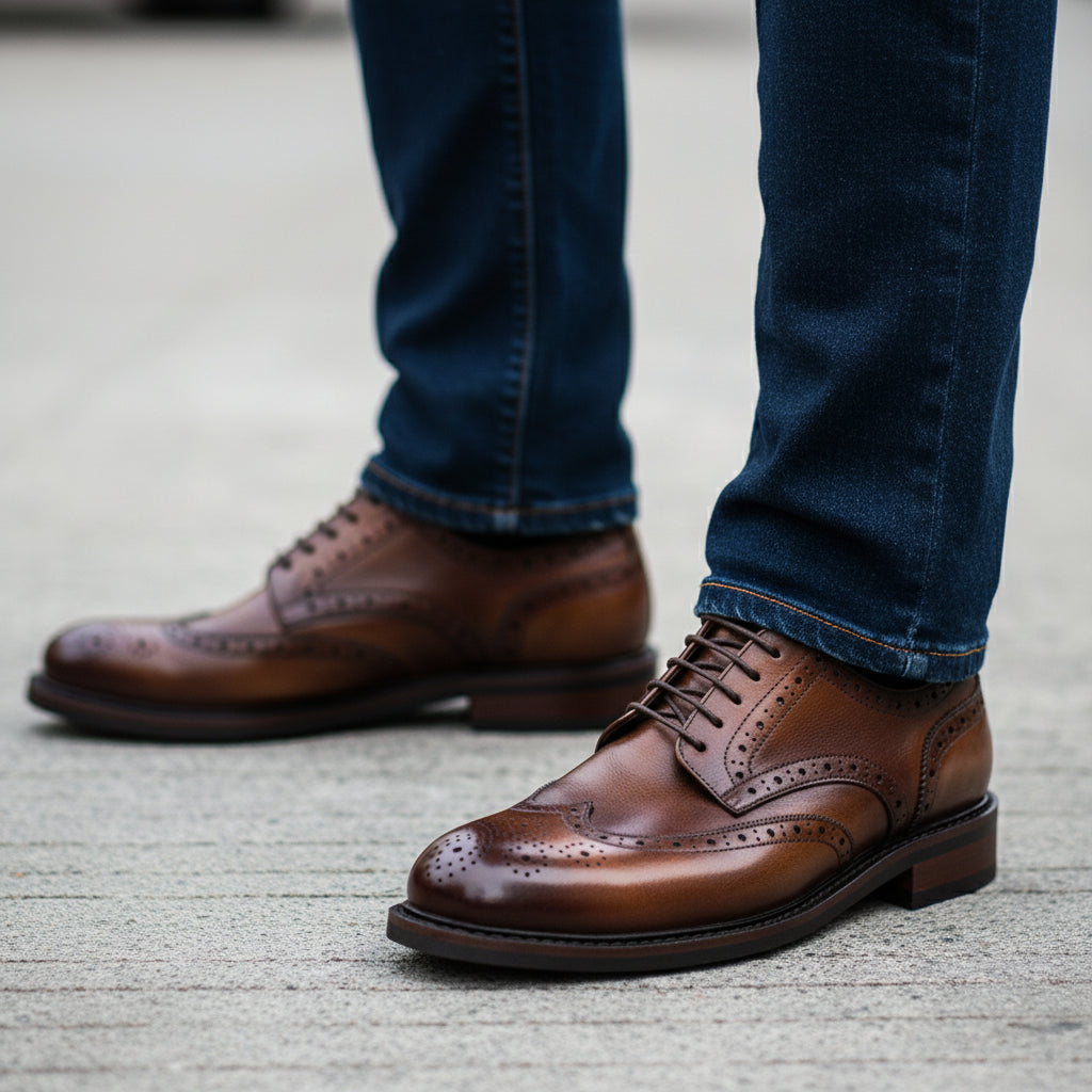 model-walking-street - Men's Black Leather Wingtip Oxfords