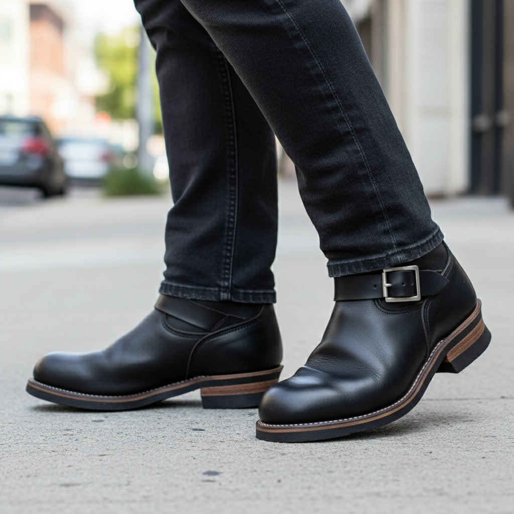 model-walking-street - Men's Black Leather Work Boots