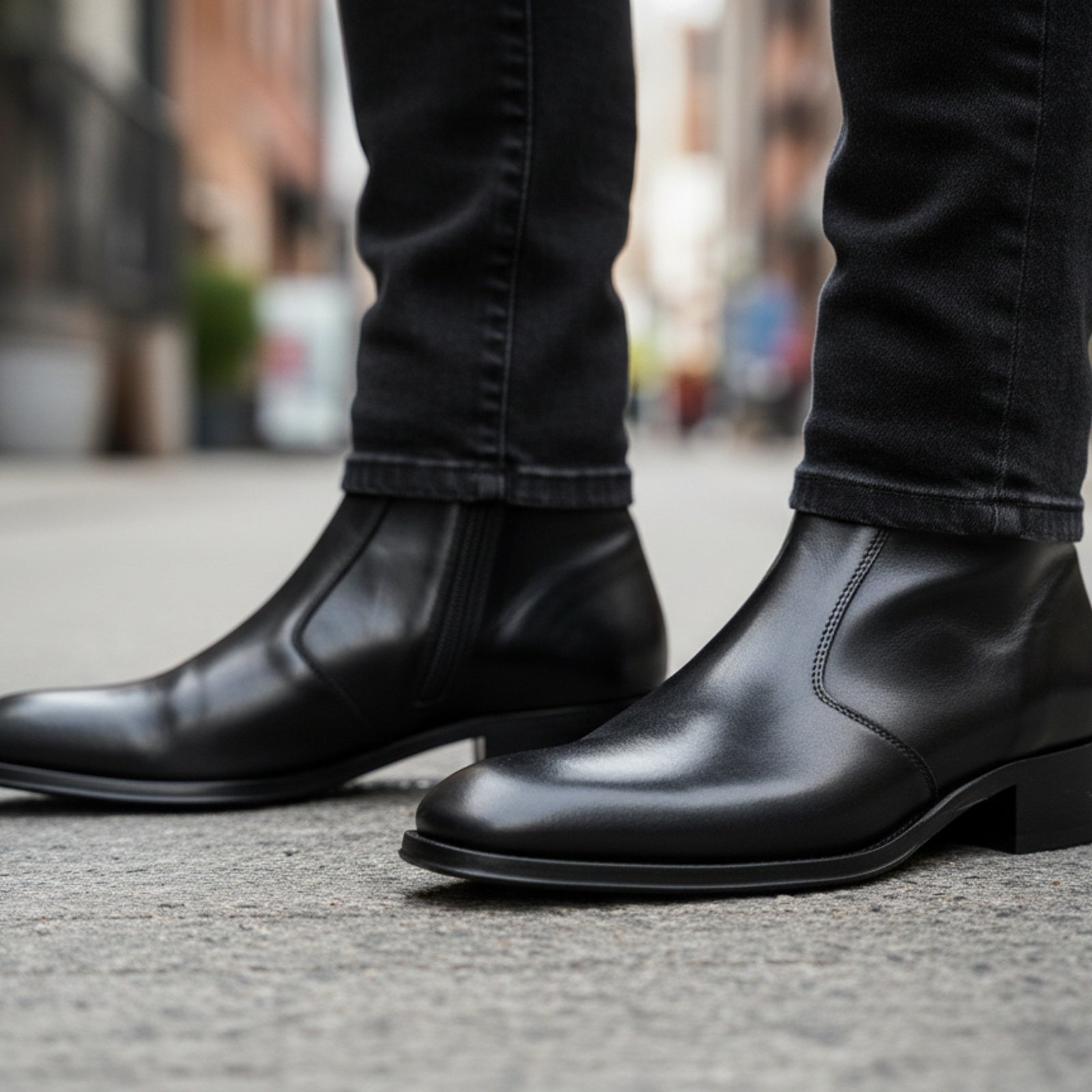 model-walking-street - Men's Black Leather Zip Boots Engineer Design