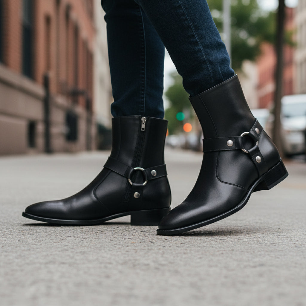 model-walking-street - Men's Black Leather Zip Boots with Cuban Heel