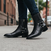 model-walking-street - Men's Black Leather Zip Boots with Cuban Heel