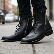 model-walking-street - Men's Black Leather Zipper Ankle Boots with Lace-Up Detail