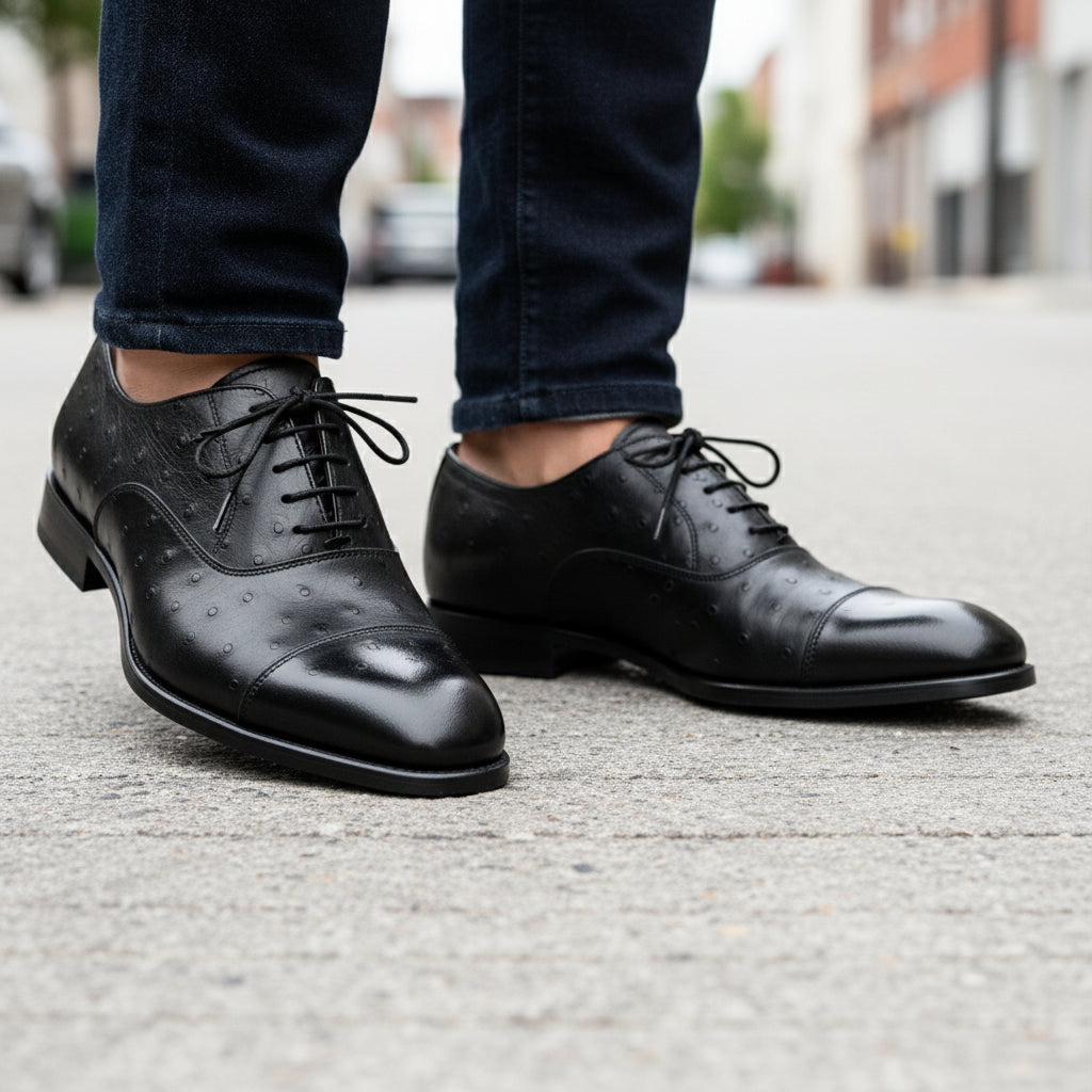 model-walking-street - Men's Black Ostrich Leather Oxford Shoes
