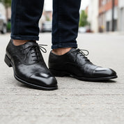 model-walking-street - Men's Black Ostrich Leather Oxford Shoes