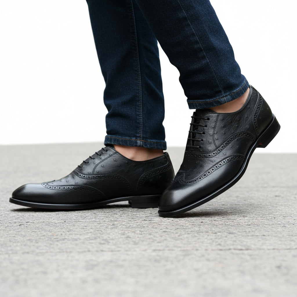 model-walking-street - Men's Black Ostrich Leather Wingtip Shoes