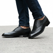 model-walking-street - Men's Black Ostrich Leather Wingtip Shoes