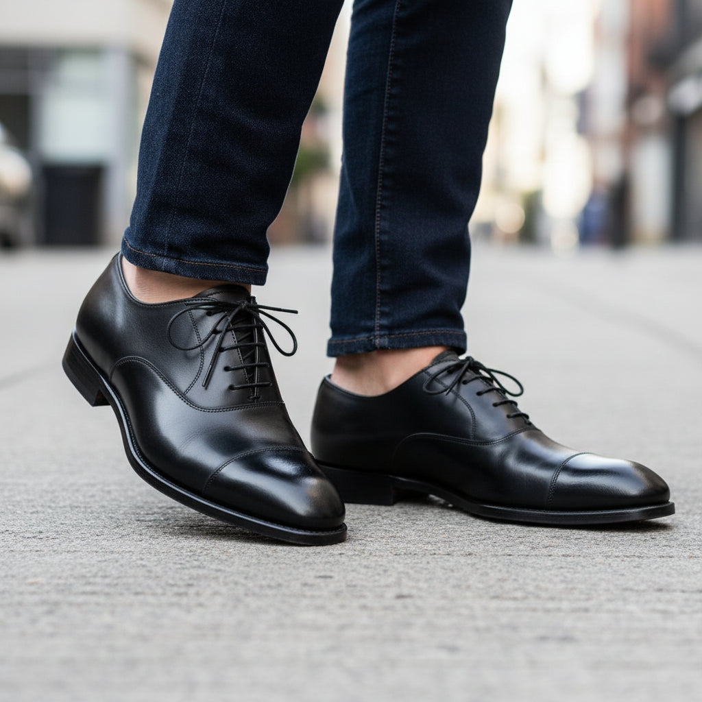 Men's Black Oxford Leather Dress Shoes - model-walking-street