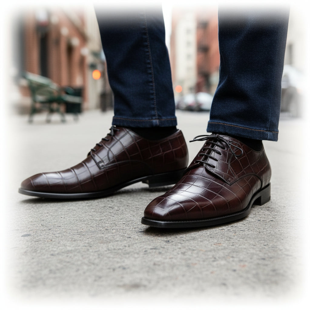 model-walking-street - Men's Black Oxford Leather Shoes | Crocodile Texture