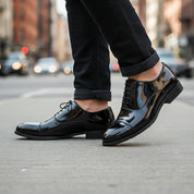 model-walking-street - Men's Black Patent Leather Formal Dress Shoes